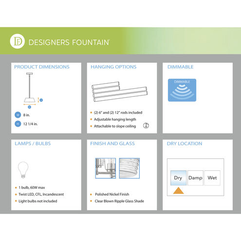 Ingo 1 Light 8 inch Polished Nickel Pendant Ceiling Light